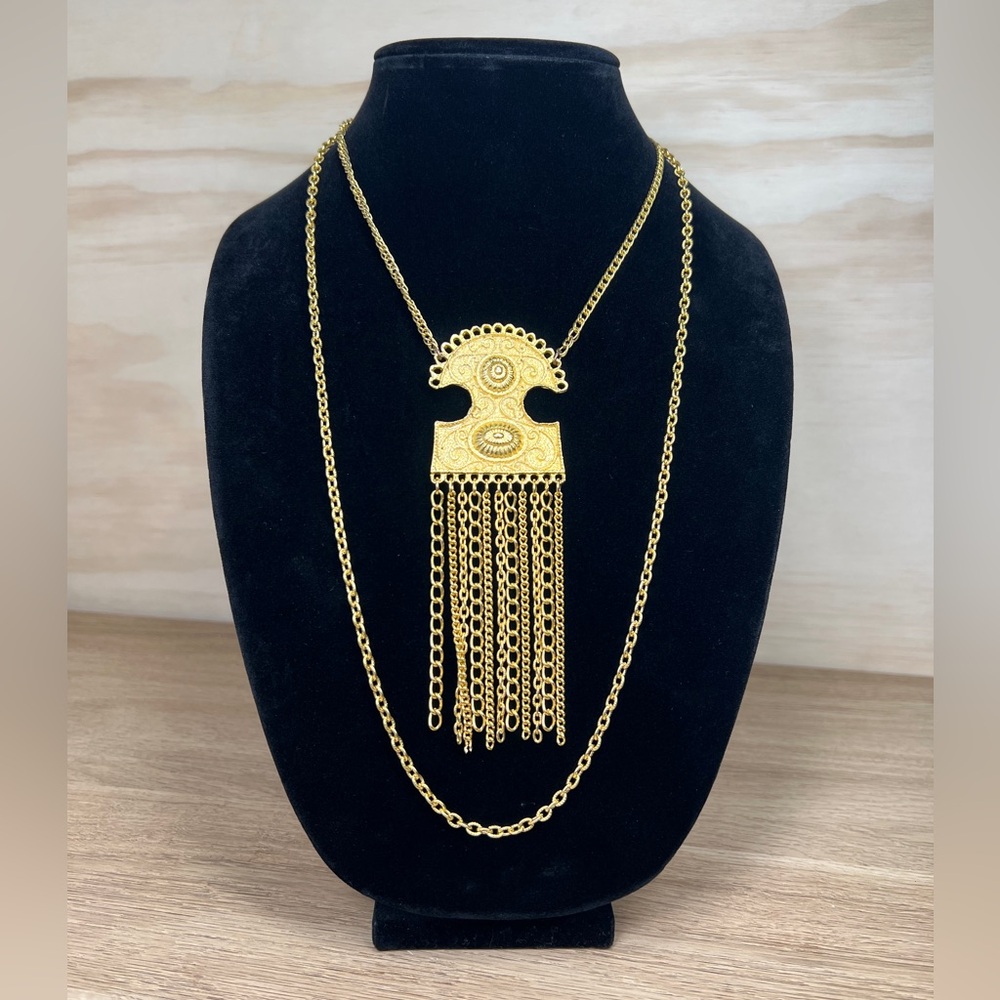 Vintage 1970s Etruscan Egyptian Revival Gold Tone Tassel Pendant Necklace